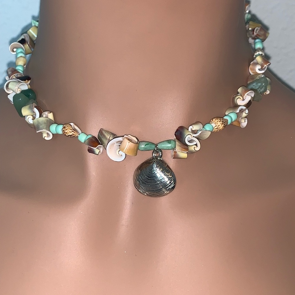 OOAK Shell, Jade, Moss Agate, Bead Accent Wrap Bracelet/Choker